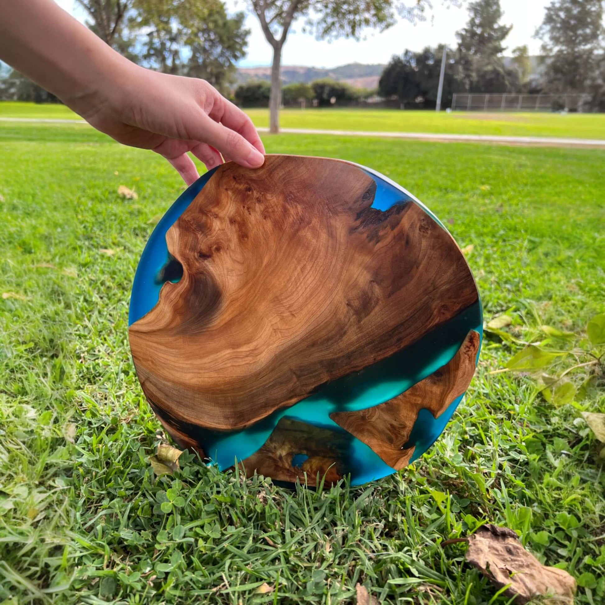 Handheld Round Epoxy Resin Art Piece Displayed on Grass 