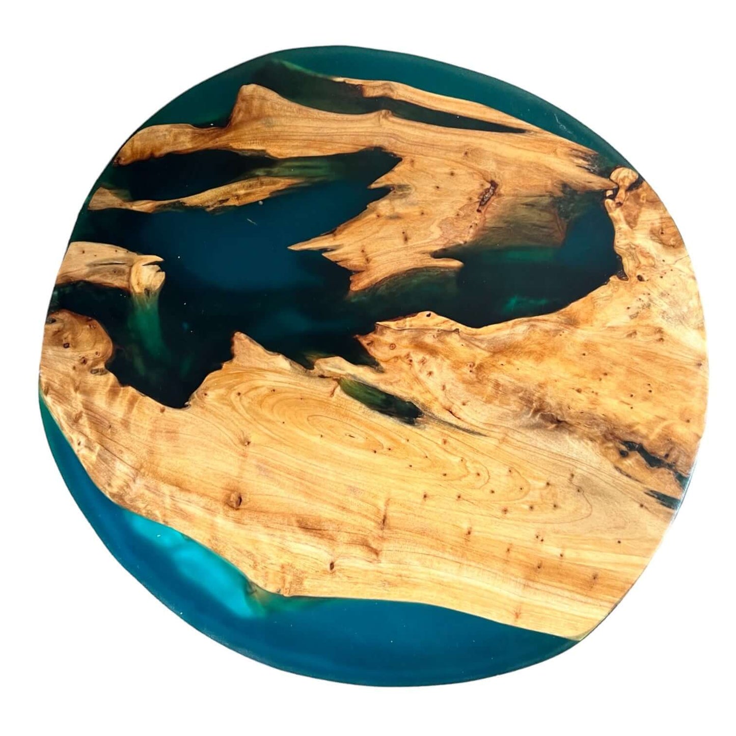 Round Epoxy Resin Art Piece Featuring Natural Wood Grain and Deep Blue Resin