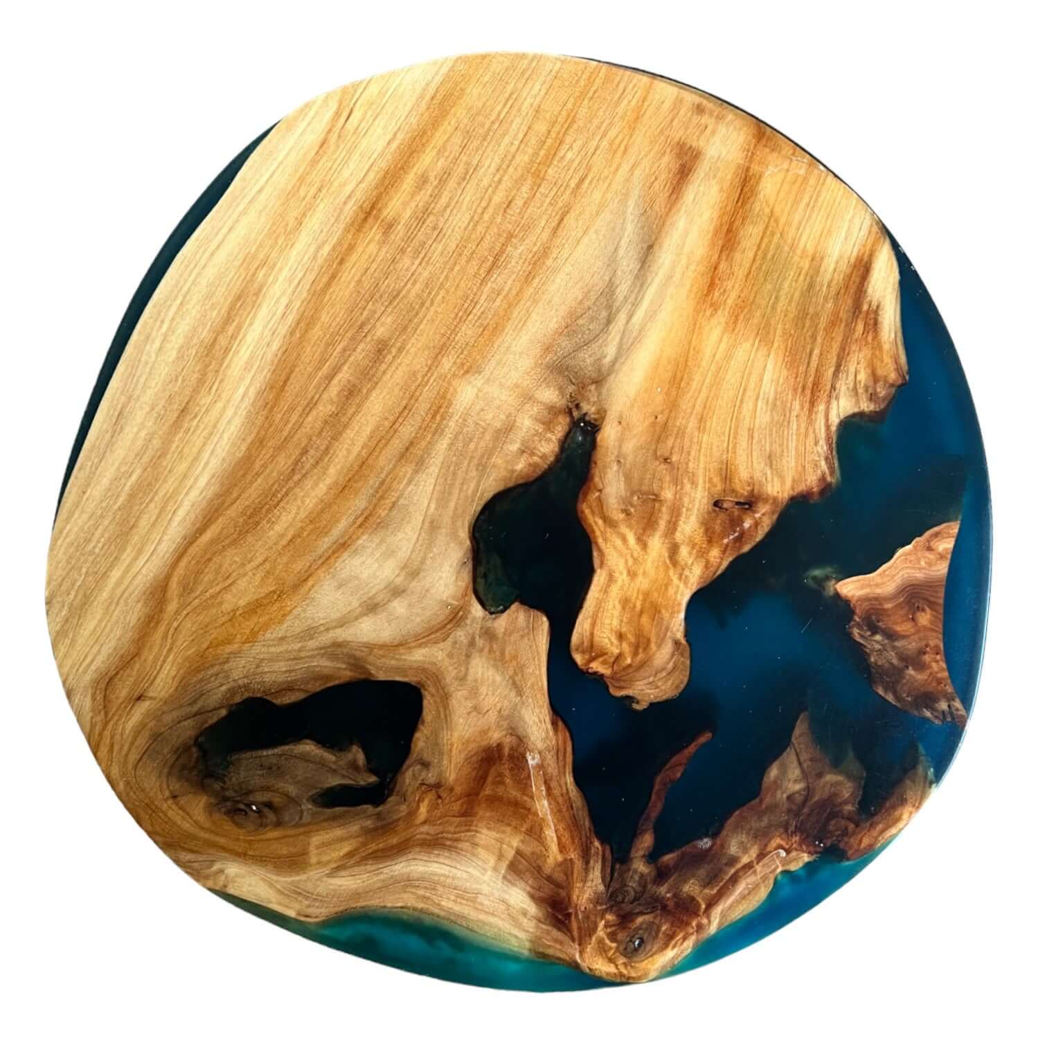 Handcrafted Round Epoxy Resin Art Piece with Natural Wood Patterns and Rich Blue Resin