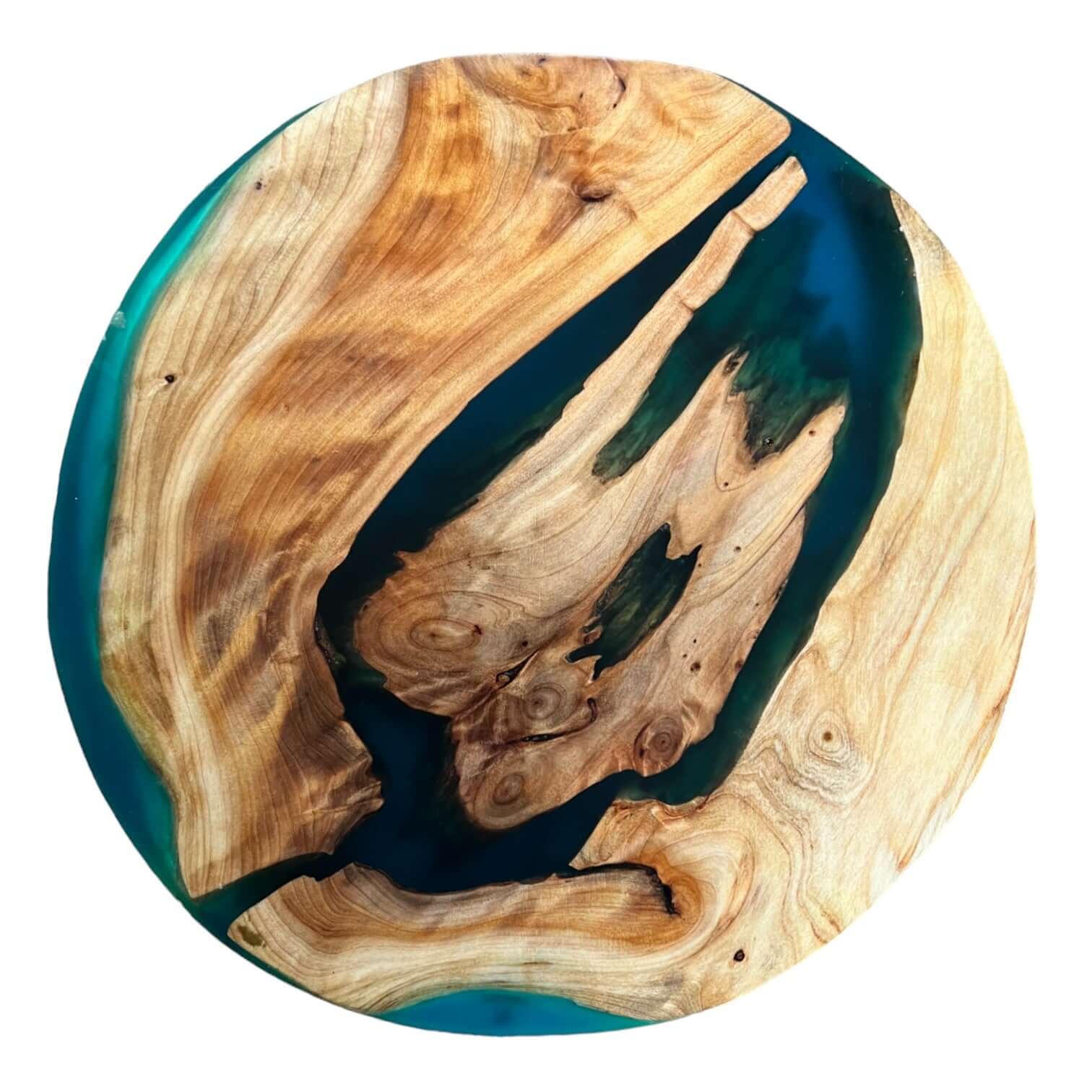 Unique Round Epoxy Resin Art with Natural Wood Grain and Vibrant Blue Resin Detailing