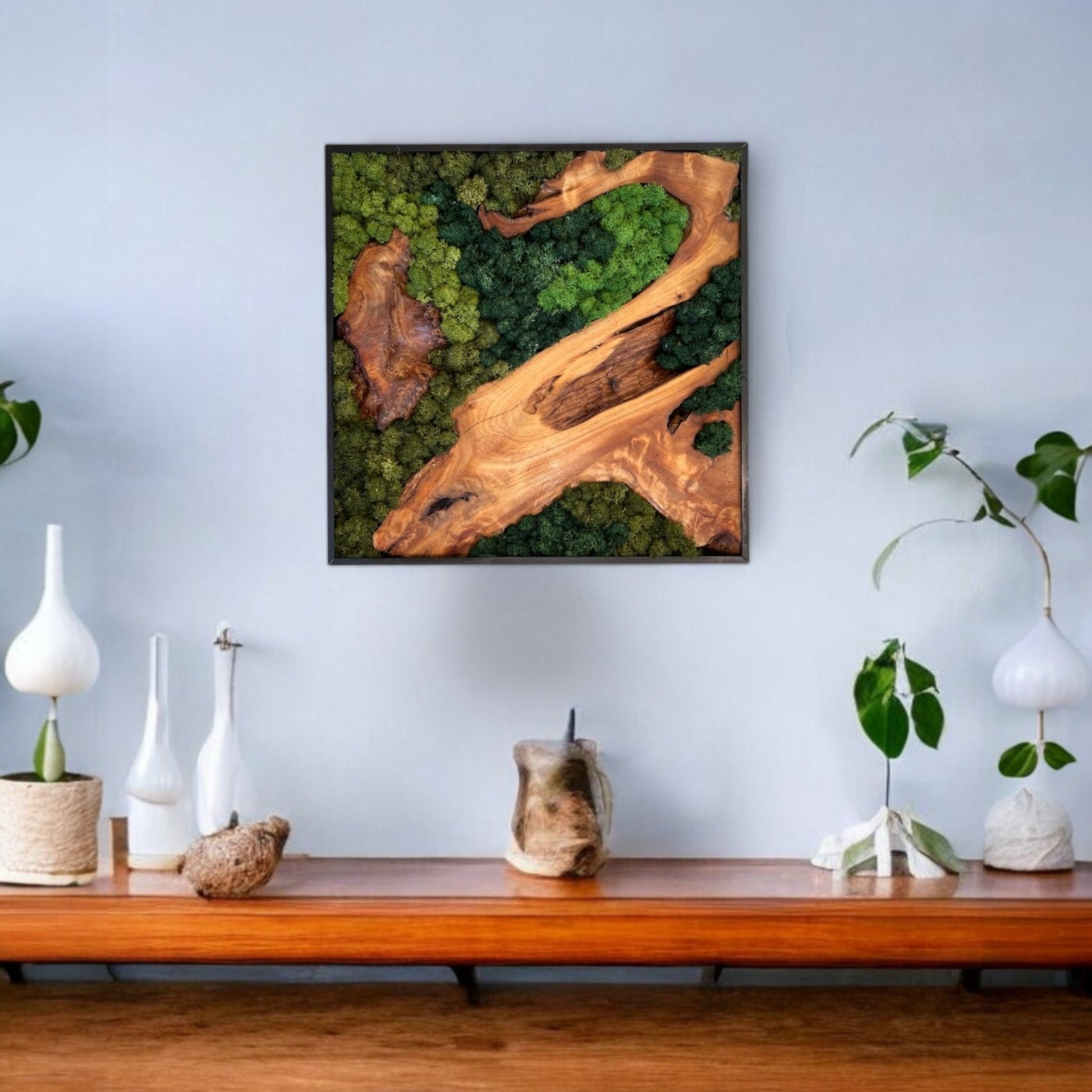Square 12x12 moss wall art featuring natural cedar wood and preserved moss


