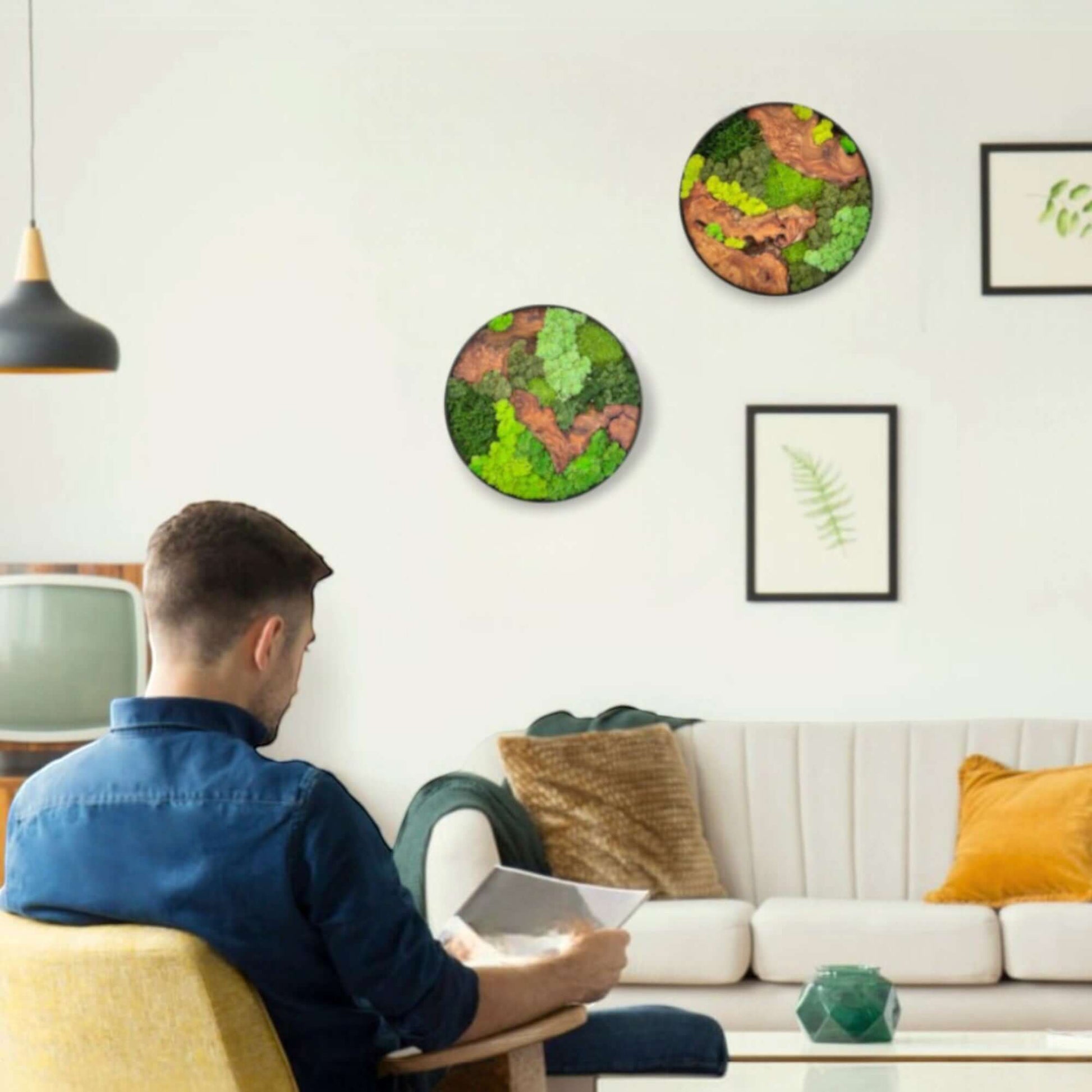 Round Cedar Wood Moss Wall Art Displayed in Modern Living Room - Natural Décor for Relaxing Spaces