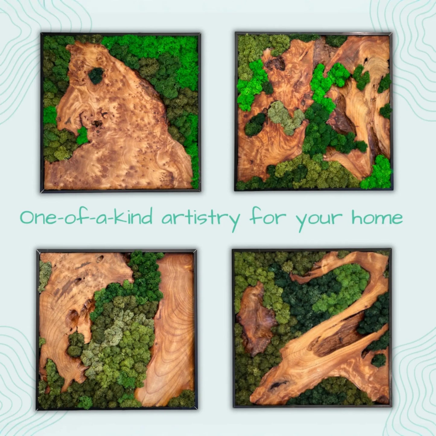 Four unique square moss wall art pieces of cedar wood