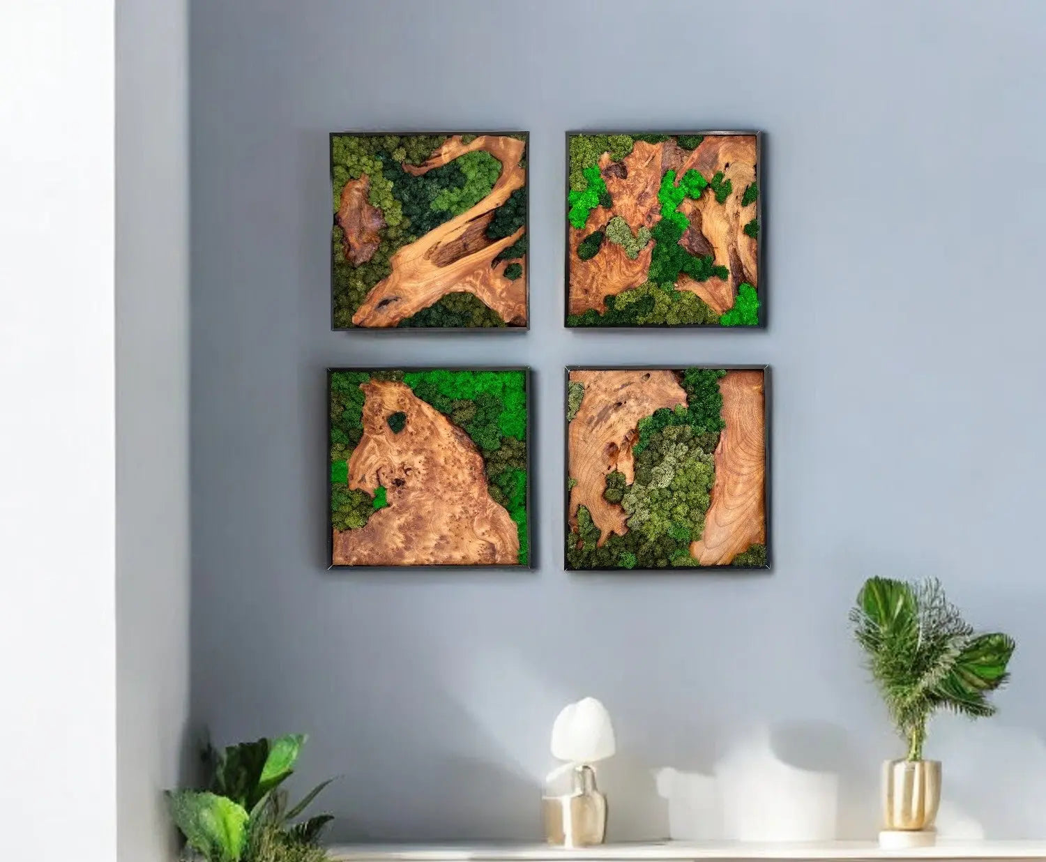 Four moss wall art pieces with cedar wood on a gray wall above a modern shelf