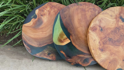 Video of Cedar Wood and Epoxy Resin Art Pieces Displayed Against Grass Background